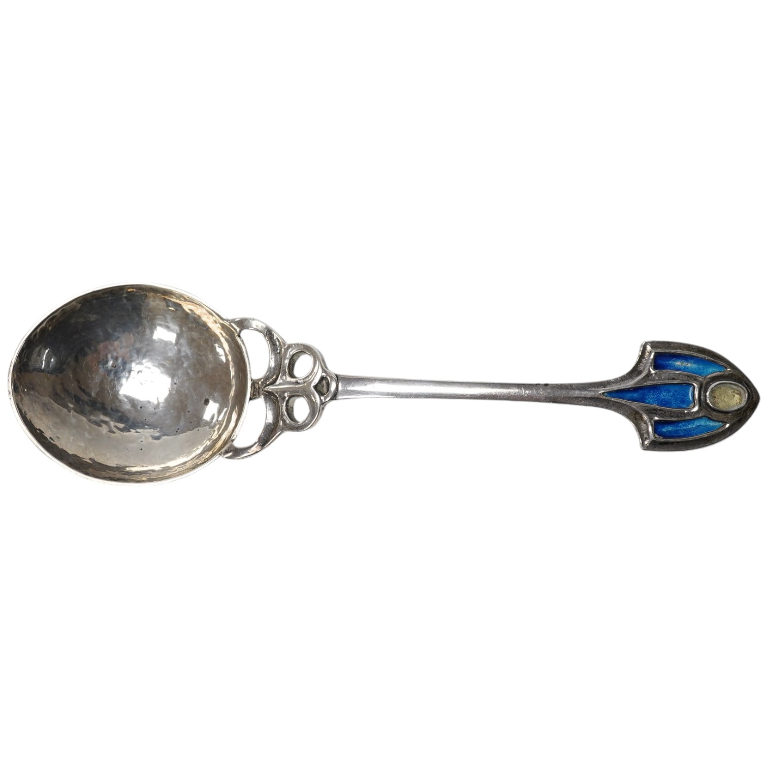 An Edwardian Art Nouveau Kate Harris for William Hutton & Sons silver and enamel spoon, the terminal lacking stone?, London, 1903, 18.4cm, gross weight 63 grams. Condition - poor